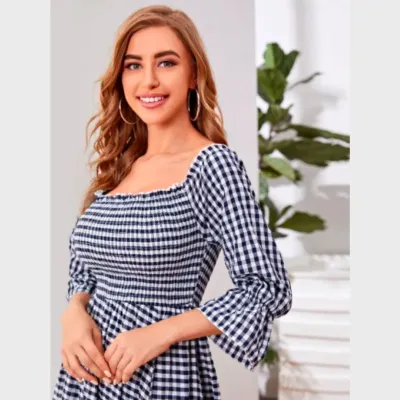 SHEIN Flounce Sleeve Shirred Bodice Split Thigh Gingham Dress (M)