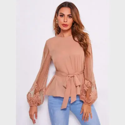 SHEIN Sheer Lace Blouson Sleeve Belted Top (M)
