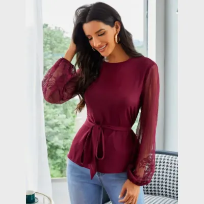 SHEIN Sheer Mesh Sleeve Belted Top (M)