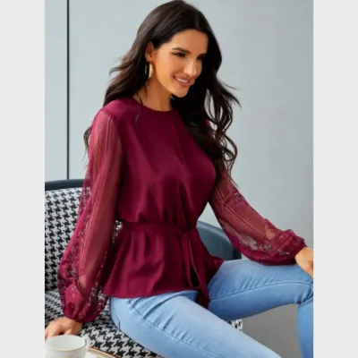 SHEIN Sheer Mesh Sleeve Belted Top (M)