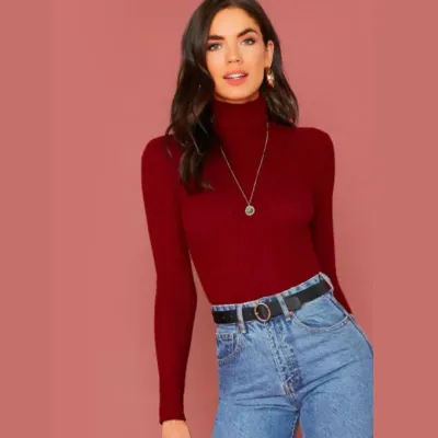 SHEIN Turtle Neck Rib-knit Fitted Tee (M)