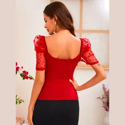 SHEIN Dot Flocked Mesh Puff Sleeve Top (M)