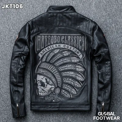 Embroidery motorcycle leather coat cowhide men's jacket