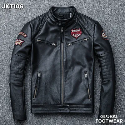 Embroidery motorcycle leather coat cowhide men's jacket
