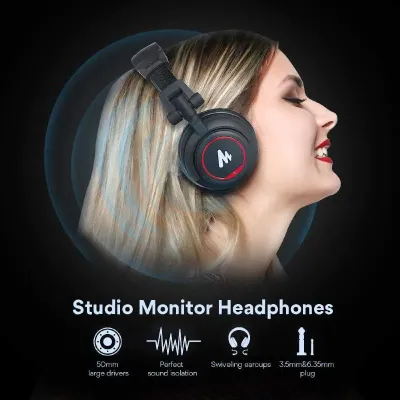 Maono AU-MH501 Professional Studio Monitor Headphone, Over Ear With 50mm Driver For Gaming, DJ, Studio And Microphone Recording