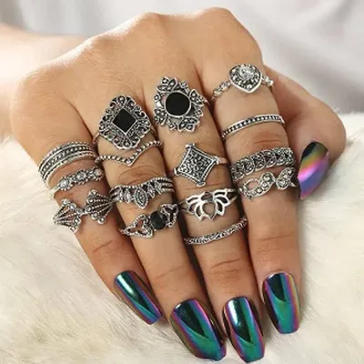 15 Pcs Black Finger Ring Set