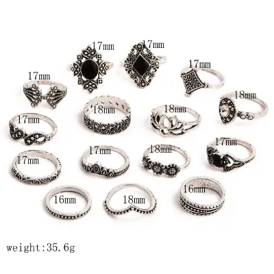 15 Pcs Black Finger Ring Set