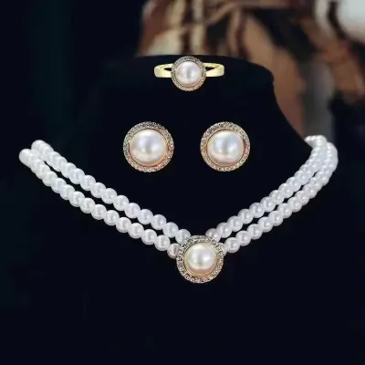 4pcs Pearl Pendant Necklace Earrings Rings Set (1 Set) 