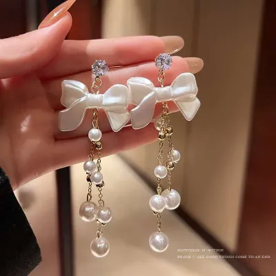 Bow Pearl Long Tassel Earrings 