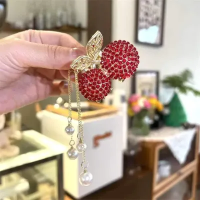 Cherry Tassel Rhinestone Hair Clip Hairpin 