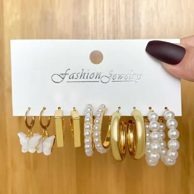 5 Pairs Pearl Butterfly Gold Hoop Drop Earrings Set 