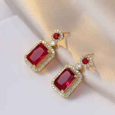 4pcs Red Crystal Earrings Ring Necklace Set