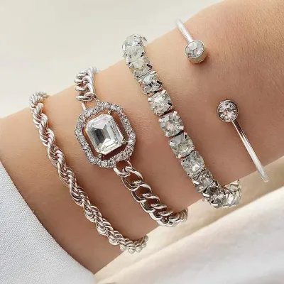 4 Pcs Trendy  Twist Geometric Chain Stone Bracelet 