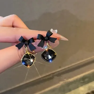 Black Bow & Crystal Drop Earrings 