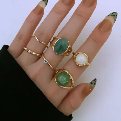 6 Pcs Green Jade Knuckle Finger Ring Set 