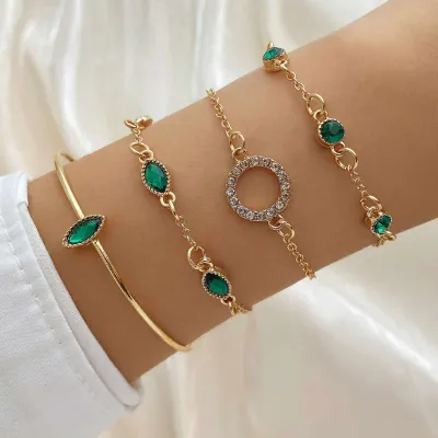 4pcs  Green Rhinestone Circle Decor Bracelet Set 