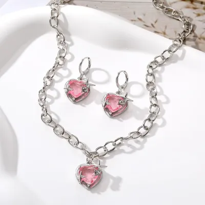 3 Pcs Pink Love Heart Pendant Necklace  Earring Set 