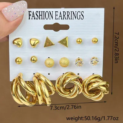 8 Pair Golden Colour Hoops Stud Earrings Set