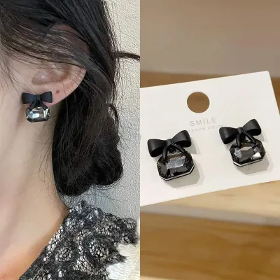 Black Crystal Square  Bowknot Stud Earring