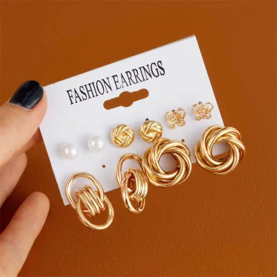 5 Pair Metal Flower Design Stud Earrings Set 