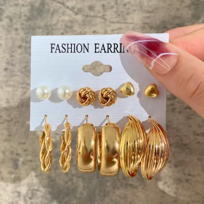 6 Pair Vintage Hoops and Stud Earrings Set 