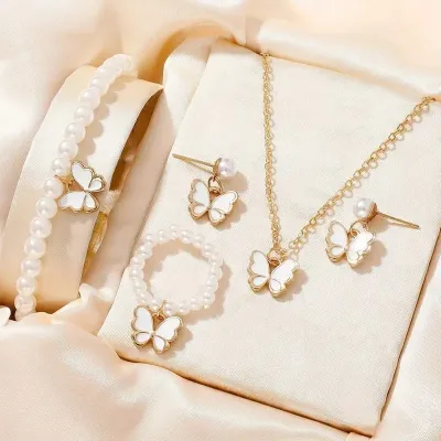 5pcs Alloy Oil Drop  Pearl Butterfly Jewelry Set 