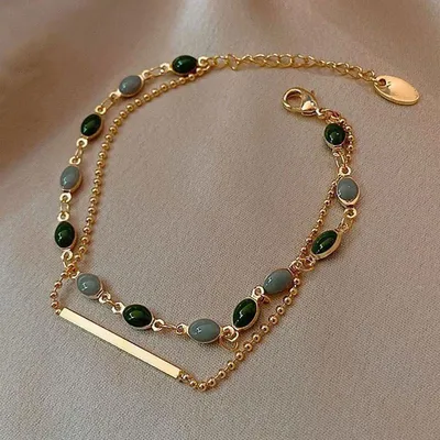 Golden Beaded Green Double Layer Charm Bracelet 