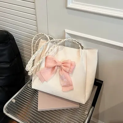 Women's Casual Plain Bow Ribbon Braided Shoulder Tote Bagr