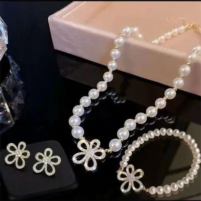 Flower Pearl Necklace Bracelet Earring Set