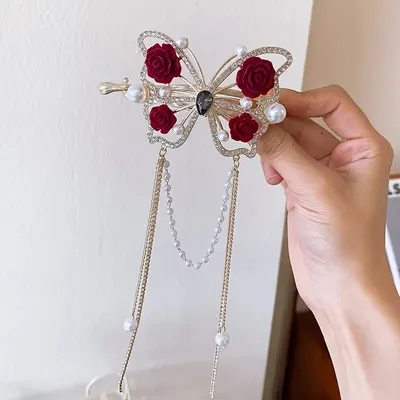 Fashion Red Rose Butterfly Tassel Hairpin Hair Clip
