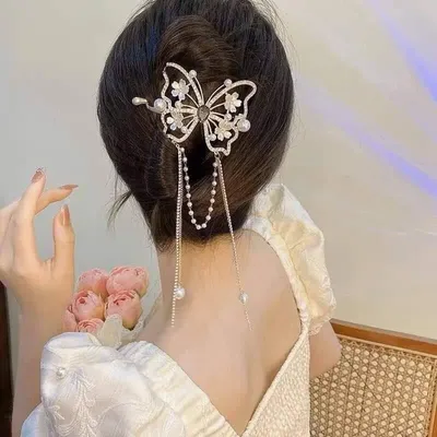 Rhinestone Butterfly Pearl Tassel Hair Claw Clip