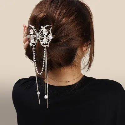 Rhinestone Butterfly Pearl Tassel Hair Claw Clip
