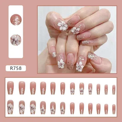24 pcs Short Square Floral Print Fake Nail Set (R Series)