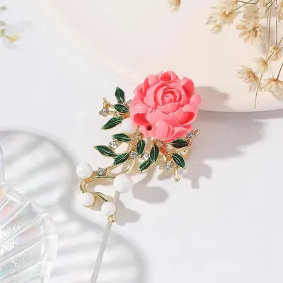 Elegant Pink Peony Flower Leaf Pearl Brooch
