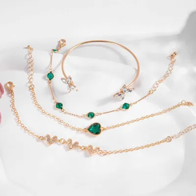 4 pcs Green Zircon Crystal Heart Flower Bracelet Set