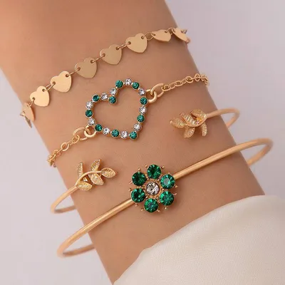 4 pcs Rhinestone Flower Leaf Decor Bracelet Set