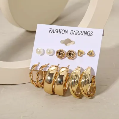 6 Pair Vintage Hoops and Stud Earrings Set 