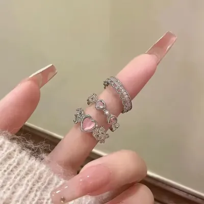 3 Pcs Heart Bow Rhinestone Rings Set 