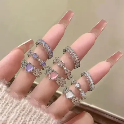 3 Pcs Heart Bow Rhinestone Rings Set 