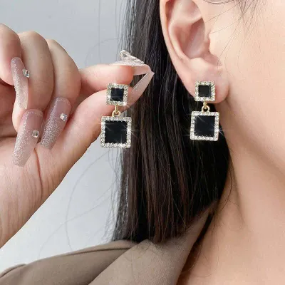 Double Black Square Dangle Earrings With Shiny Rhinestone 