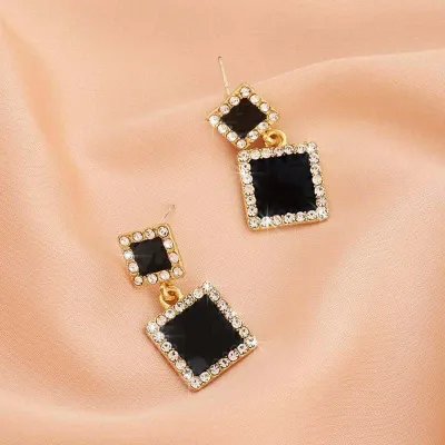 Double Black Square Dangle Earrings With Shiny Rhinestone 