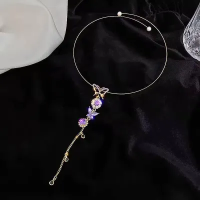 Purple Pearl Butterfly Flower Zircon Tassel Necklace
