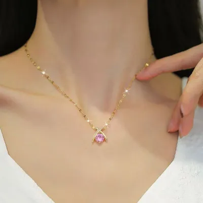 3 Pcs Stainless Steel Pink Crystal Pendant Earrings Set 
