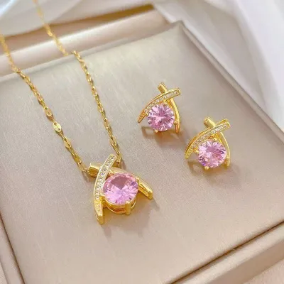 3 Pcs Stainless Steel Pink Crystal Pendant Earrings Set 