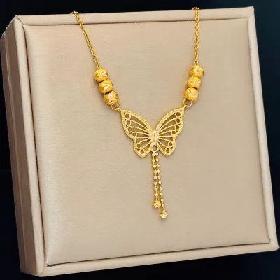 Stainless Steel Six Beads Butterfly Tassel Necklace 