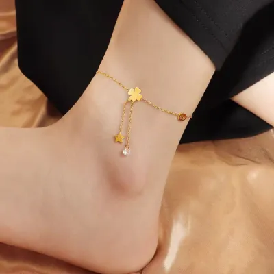 Four Leaf  Star Tassel Stainless Steel Payel Anklet