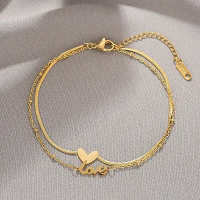 Double Layer Love Titanium Steel Ankle Barcelet Chain