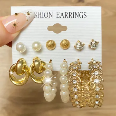 6 Pairs Vintage Pearl Hoop Earrings Set