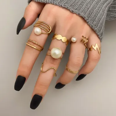 8 Pcs Vintage Pearl Geometric Finger Ring Set 