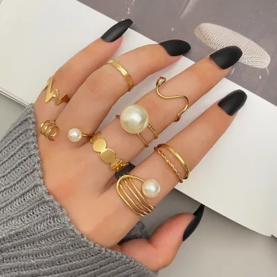 8 Pcs Vintage Pearl Geometric Finger Ring Set 